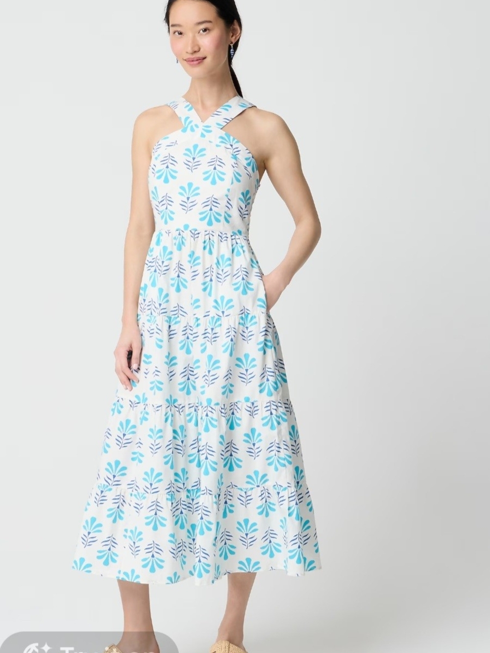 J. Crew White Maxi Dress with Blue Leaf Print